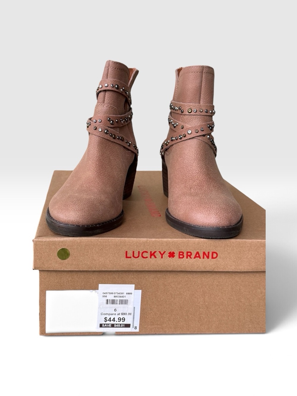 Lucky Brand Callam Studded Leather Western Booties Latte Size 6 NEW